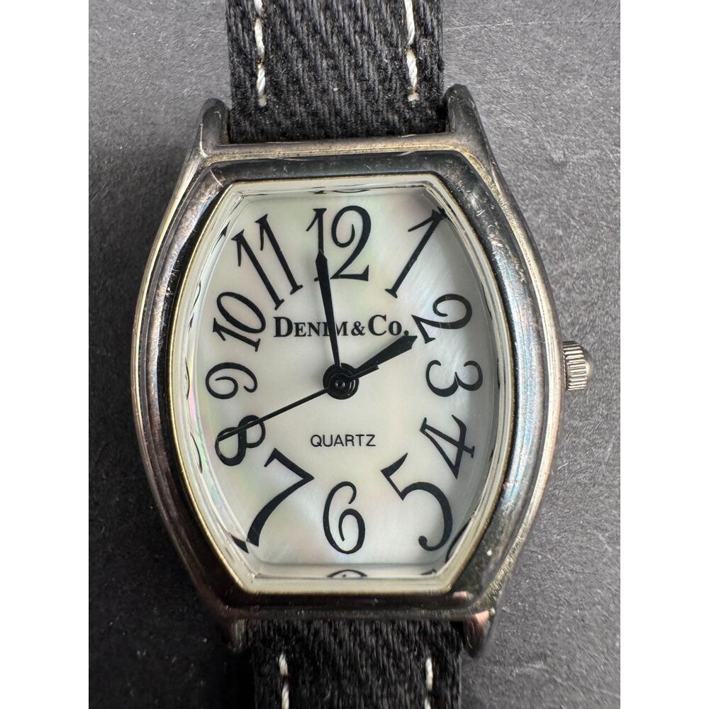 Denim & Co Ladies Quartz Watch Sterling Silver 23mm White Dial Black Leather